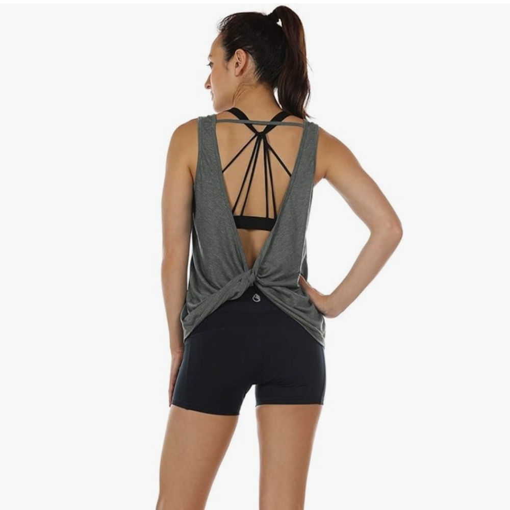 Icyzone Charcoal Gray Twist Backless Athletic Work Out Tank Top Womens Medium